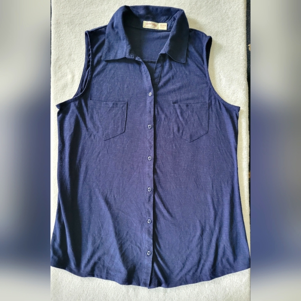 Faded Glory Sleeveless Dark Blue Button-Down Shirt